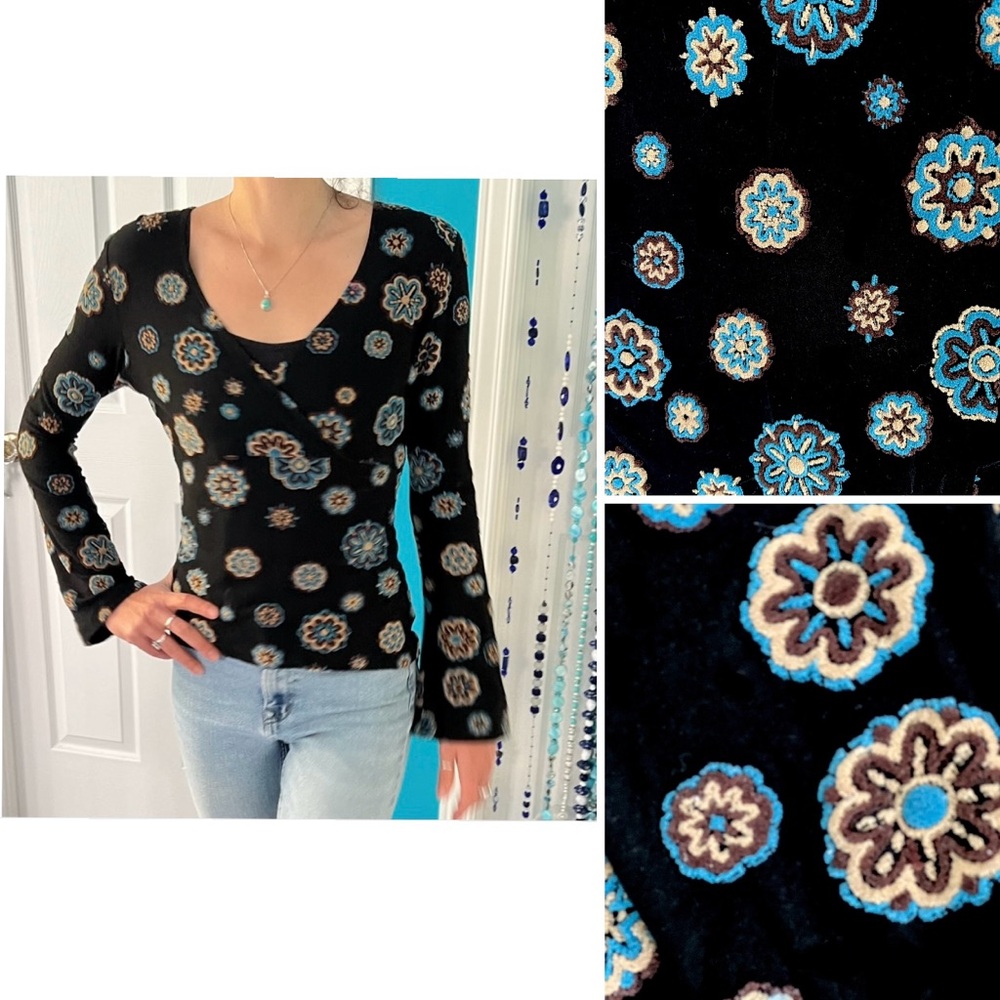 ☕️Unique long sleeved jersey  top w/flowers” in turquoise,beige & brown on black